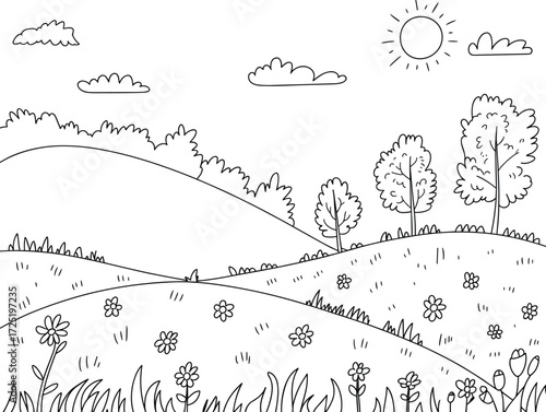 Rolling Hills Landscape with Trees, Flowers, and a Sunny Sky in Outline nature outdoors