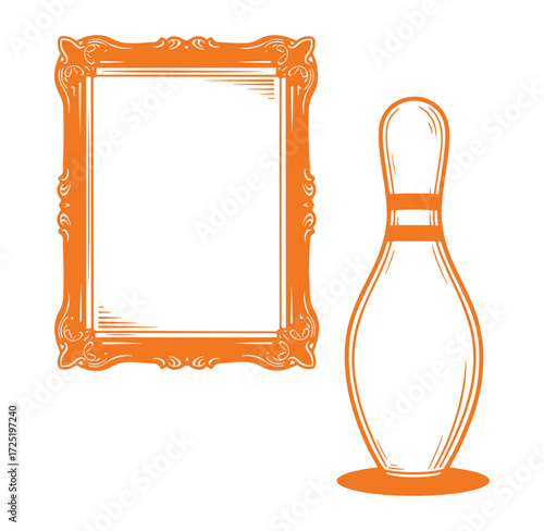 Orange vector illustration of a vintage picture frame and bowling pin silhouette