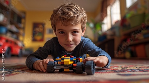 Young boy playing with a colorful construction toy car