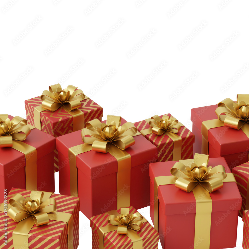 Obraz premium Group of gift boxes with golden ribbons and red wrapping