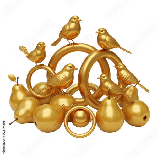 Golden birds and pears abstract composition