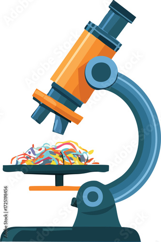 Vector Icon of Microscope Analyzing Microplastic Particles, Science Research and Laboratory Equipment Illustration