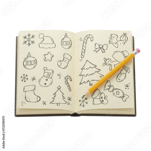 Hand drawn christmas design illustrations in open sketchbook