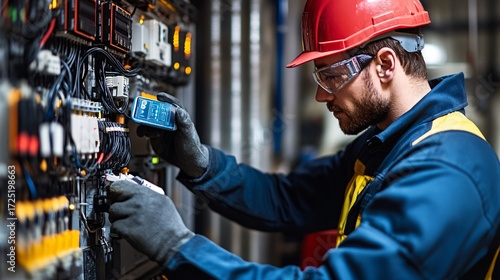 Skilled electrician performing maintenance on a power panel