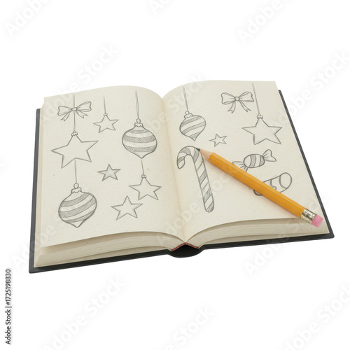 Open book with christmas decorations drawings and a pencil