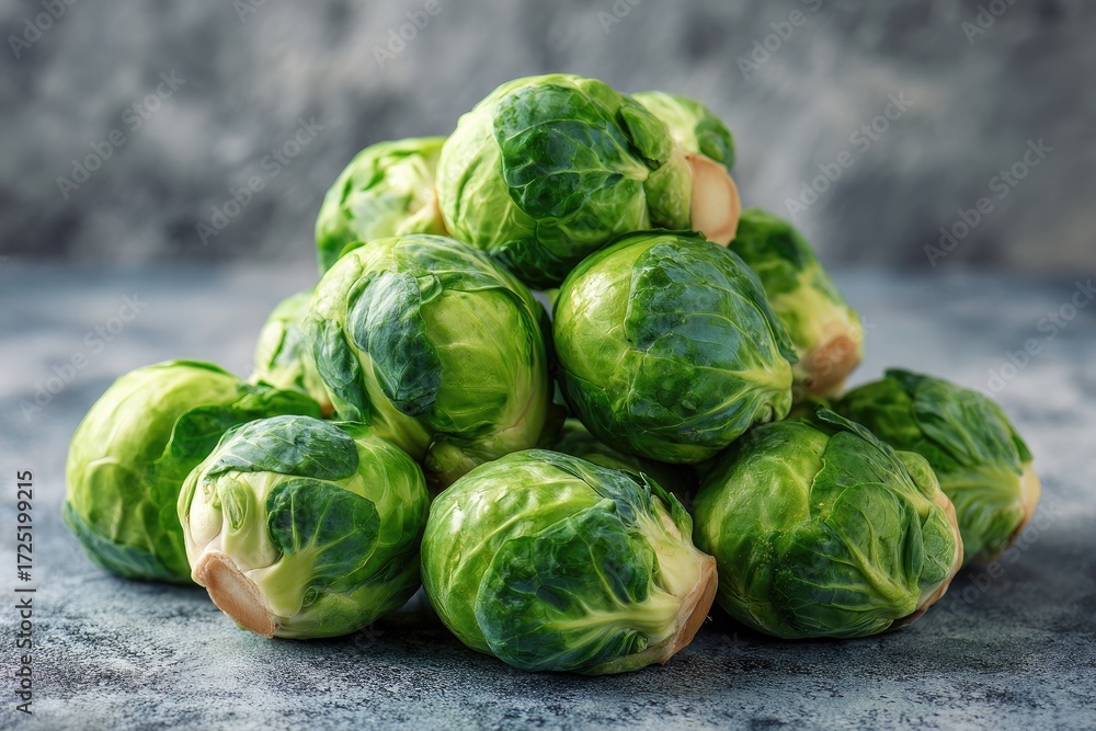 Fototapeta premium Pile of fresh Brussels sprouts on a rustic gray surface, vibrant green, high detail