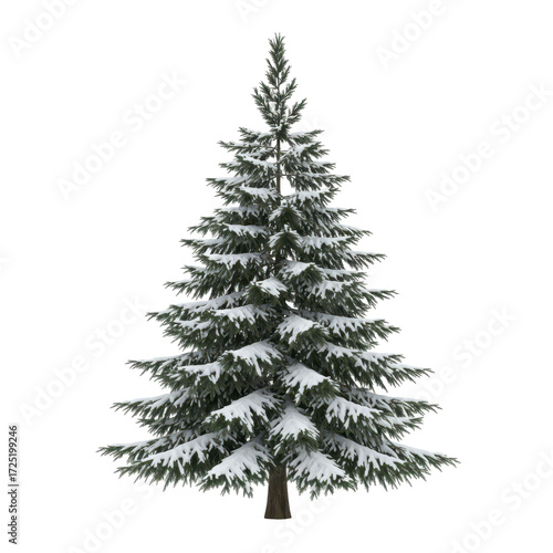 Snow covered conifer tree isolated on transparent background