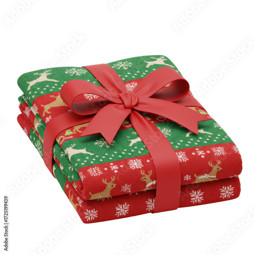 Stack of christmas gift wrapped in red ribbon with reindeer design