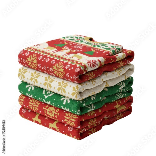 Stack of festive christmas sweaters with patterned design