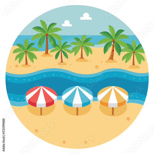 Summer Beach Paradise: A vibrant, idyllic summer beach scene, with colorful umbrellas, palm trees, and gently lapping waves under a bright blue sky, inviting viewers to dream of a perfect vacation.
