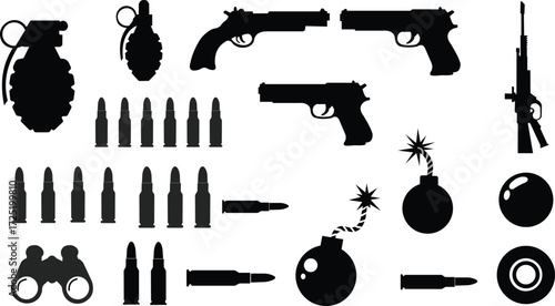 Weapons Arsenal Collection Handguns Rifle Grenades Ammunition Bomb Set Warfare Military and Tactical Gear Silhouette