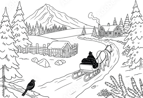 Winter Scene with Horse- Drawn Sleigh and Snowy Landscape vector illustration