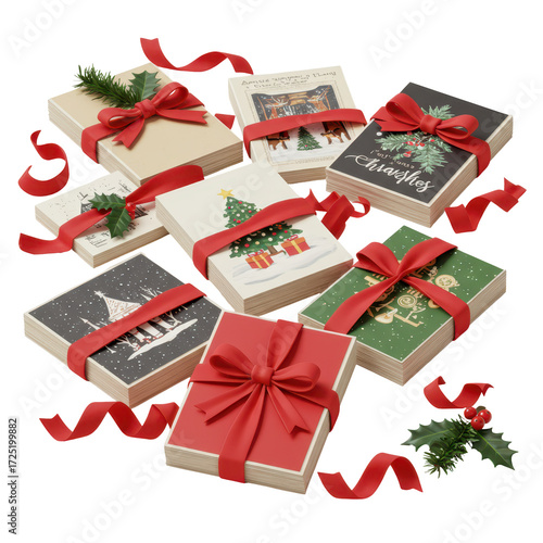 Stacked christmas cards decorated with ribbons and holly holiday gift wrapping