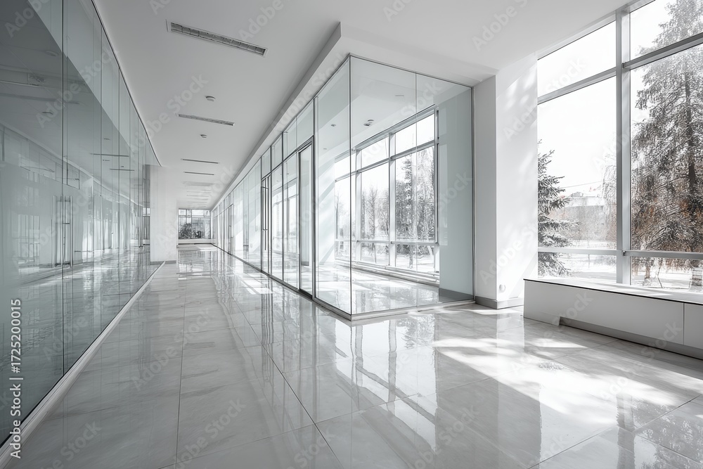 Fototapeta premium Empty modern office space with glass walls and natural lighting