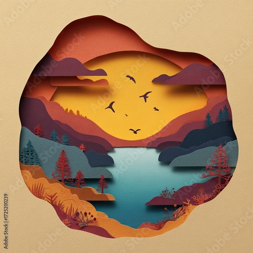 Layered paper landscape sun lake trees and mountains in warm tones