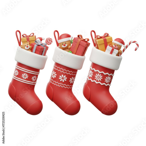 Three christmas stocking with gifts and treats hanging isolated on transparent background