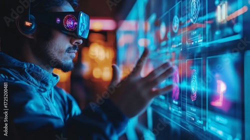 Man in VR Headset Interacting with a Futuristic Interface