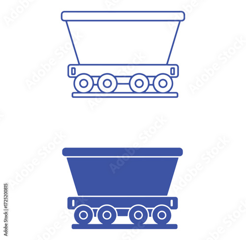 Simple vector illustration of a mine cart in two different styles and colors.