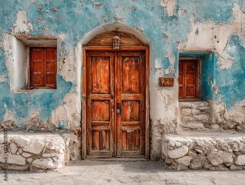 Wooden door on wall of old building, front view, white walls with cracked paint, classic style highlighting aged