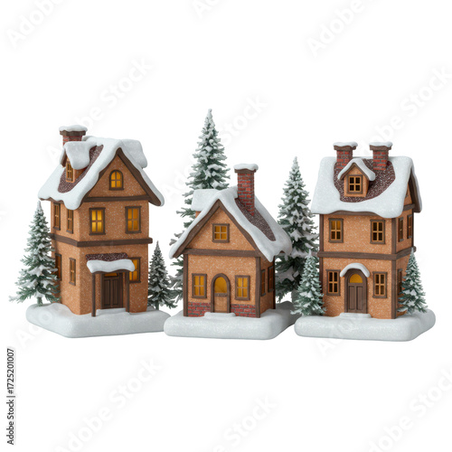Three decorative snow covered wooden houses with christmas trees in a winter scene
