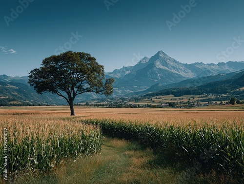 Tall corn field with single tree in middle, white sky and distant mountains, summer landscape, natural vast scene