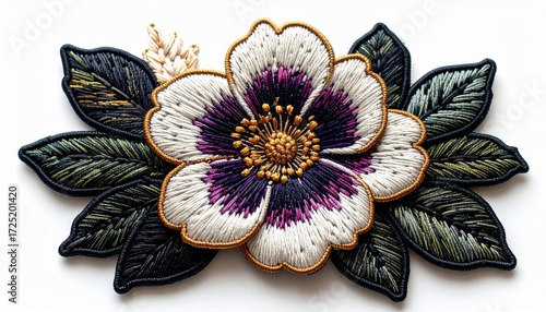Detailed Embroidered Flower Applique with White Purple and Gold Accents on White Background Studio Lighting
