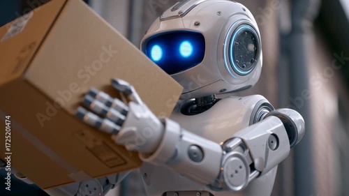 Humanoid robot with glowing blue eyes carrying large cardboard box showcasing futuristic technology with metallic design and advanced robotics