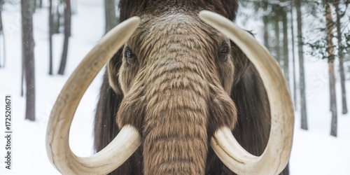 Woolly mammoth with large tusks in winter forest