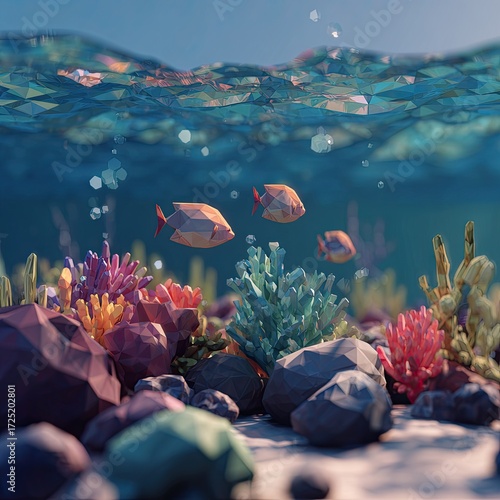 Lowpoly ocean scene with polygonal fish coral rocks and simulated water surface