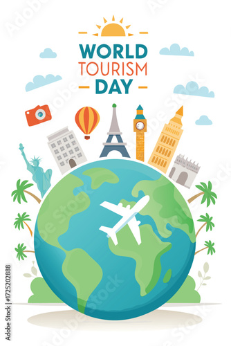 World Tourism Day Illustration: A vibrant and artistic illustration celebrating World Tourism Day, showcasing global landmarks and symbols of travel.