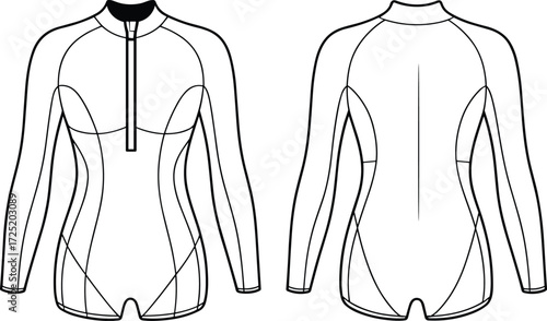 Women’s wetsuit fashion illustration, technical garment drawing, front and back view, long sleeve surf suit, zipper design, sportswear apparel template