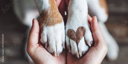 Human hands holding dog paws with heart shape