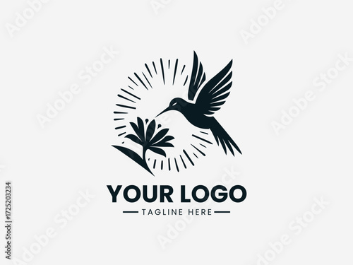 Colorful hummingbird feeding from flower under warm sun vector logo for nature brand identity