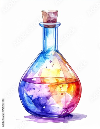 Watercolor Illustration of Colorful Glass Bottle Filled With Liquid isolated on White Background