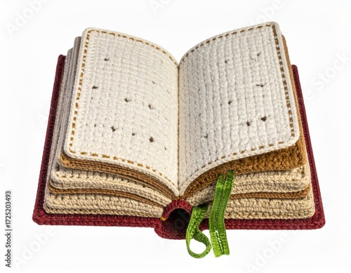 Detailed Crochet Book Sculpture with Red Cover and Cream Pages Isolated