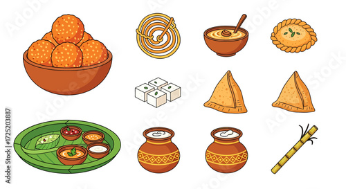 Assorted Indian sweets and desserts, including laddoos, jalebi, samosas, and traditional milk dishes.