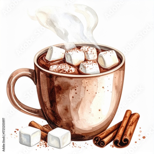 Watercolor Brown Mug with Hot Chocolate and Marshmallows with Cinnamon Sticks and Sugar Cubes on White
