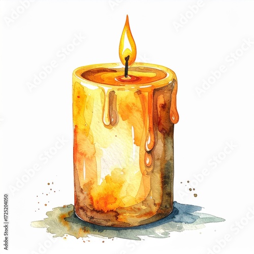 Watercolor Illustration of a Burning Yellow Candle with Dripping Wax on White Background