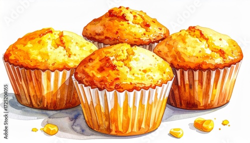 Golden Corn Muffins Grouped Together on White Background Sweet Treat