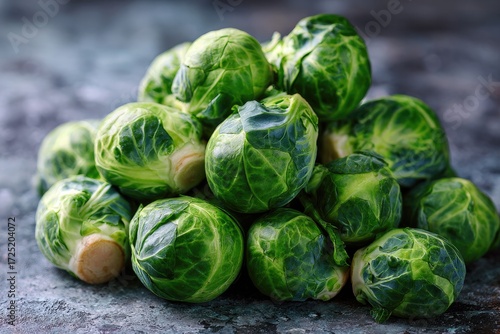 Pile of fresh Brussels sprouts on a rustic gray surface, vibrant green, high detail