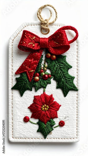 Festive Christmas Ornament with Red Bow Holly and Poinsettia on White Background