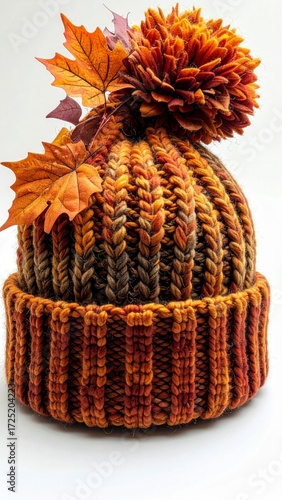 Knitted Brown and Orange Beanie with Autumn Leaves Decoration on White Background