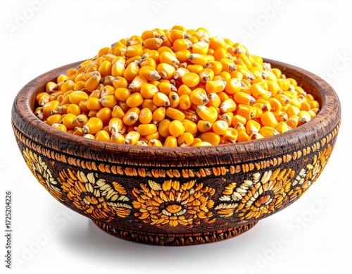 Wooden Bowl Full of Shiny Yellow Dried Corn Kernels Isolated