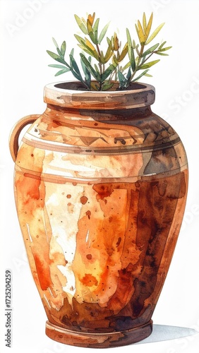 Watercolor Illustration of Brown Ceramic Vase with Green Plant on White Backdrop