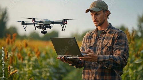 Modern farmer using drone technology in an agricultural field