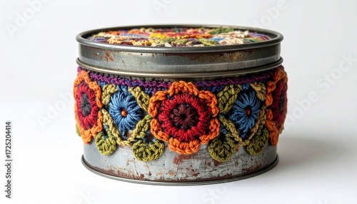 Rustic Metal Can Adorned with Colorful Crochet Flowers and Trim on White Backdrop