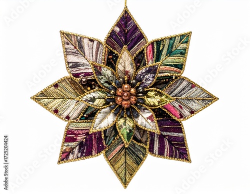 Intricate Poinsettia Ornament with Gold Trim on White Background Close Up