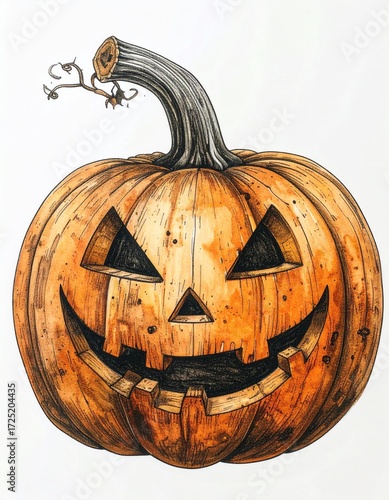 Detailed Orange Watercolor Pumpkin Illustration with Intricate Shading and Textured Surface for Halloween