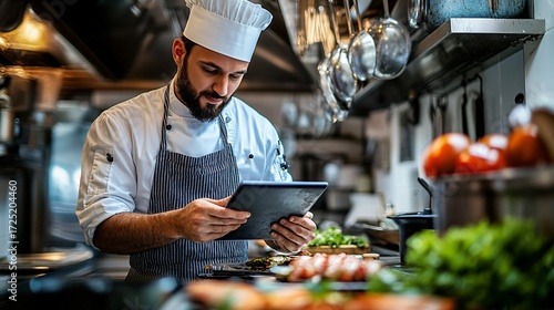Professional male chef using a digital tablet in a kitchen