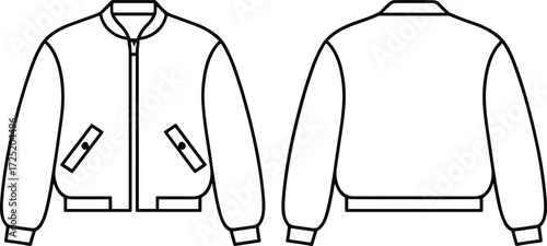 Technical fashion flat sketch jacket front back view, vector apparel template, bomber coat design, clothing illustration, garment construction drawing, outerwear pattern